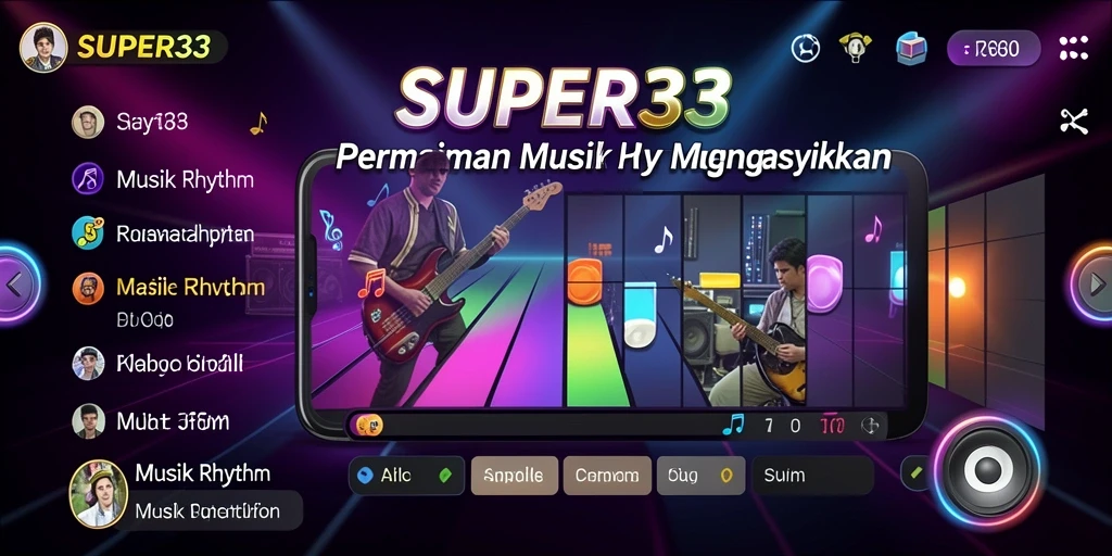 Tampilan layar game SUPER33 yang menampilkan berbagai fungsi Musik Rhythm.